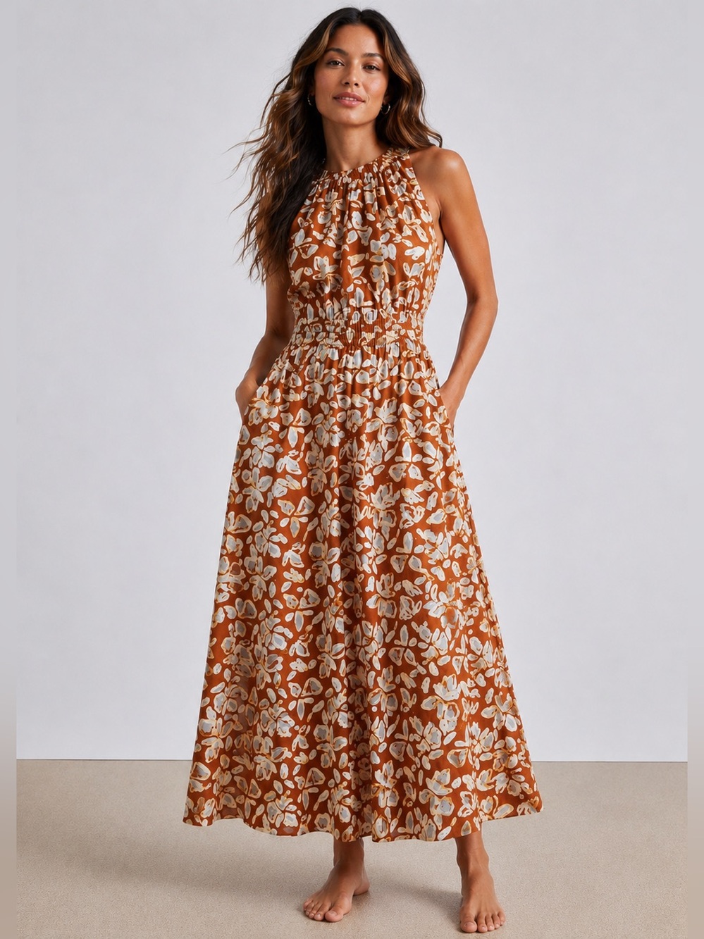 Apiece Apart Rust & White Floral Halter Maxi Dress Sz Small